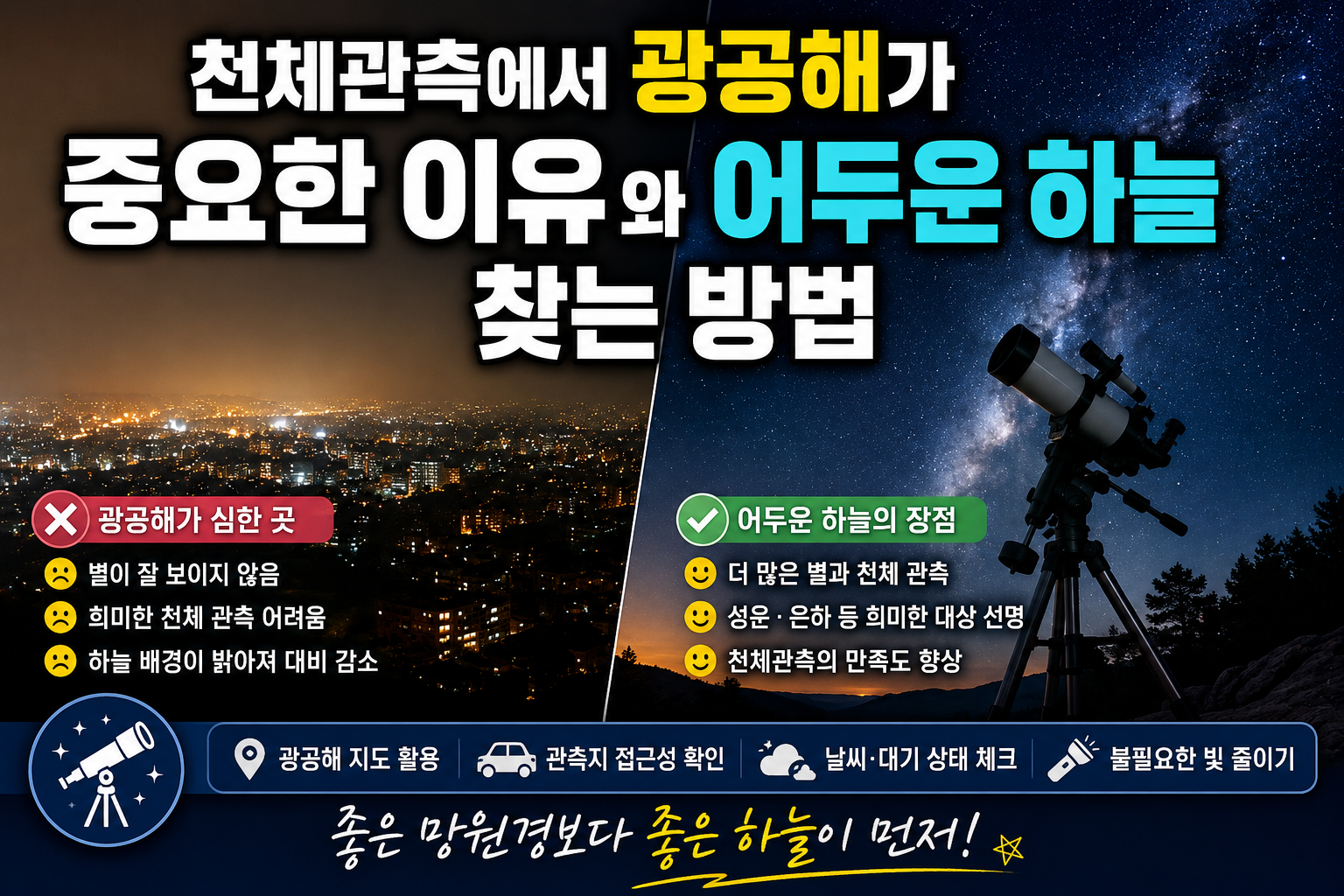 천체관측에서 광공해가 중요한 이유와 어두운 하늘을 찾는 방법